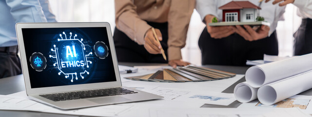 AI ethics responsibility standard law and rules on computer screen provide report of AI ethic...