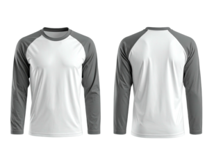 Front and back view of a long-sleeved raglan shirt, white torso, grey sleeves