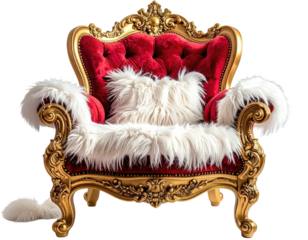 Ornate red and gold throne with white fur trim and pillow, isolated on black