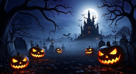 Spooky halloween night with glowing pumpkins and haunted castle under a full moon