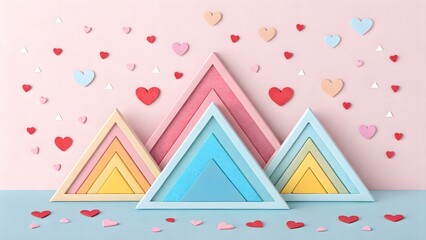 Layered Pastel Triangles with Heart Confetti. Playful paper-cut layered triangles in pastel tones sprinkled with tiny heart confetti—whimsical pattern.