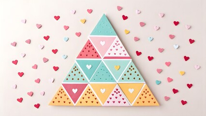 Layered Pastel Triangles with Heart Confetti. Playful paper-cut layered triangles in pastel tones sprinkled with tiny heart confetti—whimsical pattern.