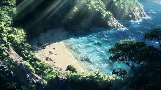 Serene Coastal Scene with Lush Greenery and Tranquil Waters with ai generated