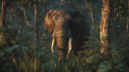 An elephant stands amidst dense foliage in a forest with trees and sunlight filtering through the canopy