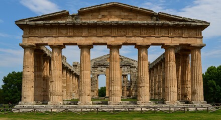 Fototapeta premium Ancient temple architecture with columns and stone structure under blue sky