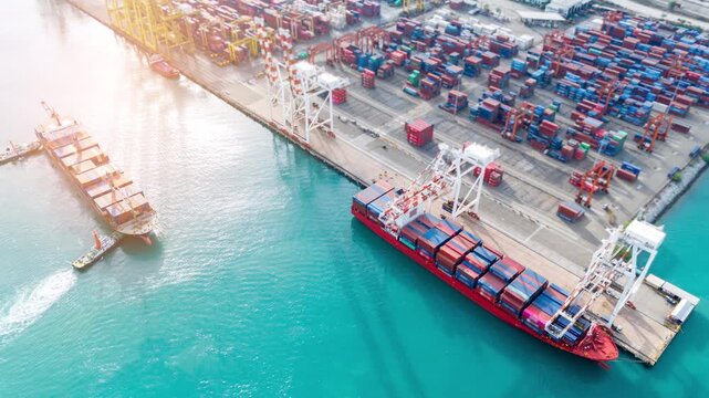 Time lapse Tug boat pulling Cargo container ship go to international yard port. technology freight shipping with smart port.cargo ship carrying container and running for export cargo yard port 