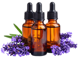 Three amber dropper bottles with lavender sprigs on black background