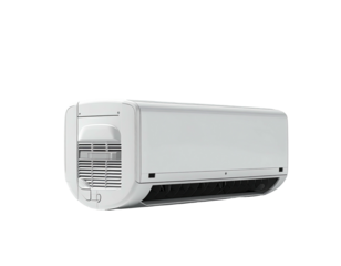 A white, modern air conditioning unit, mounted, angled. Isolated on black