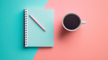 Turquoise Notebook, Pencil and Coffee Cup, Flat Lay Composition on Two Tone Backdrop