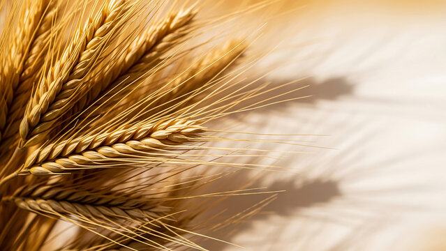 Close up of golden wheat stalks with soft light