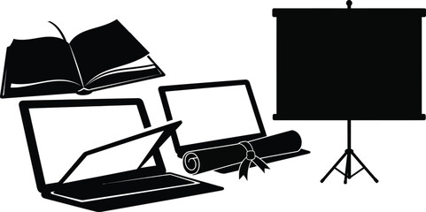 Vector art of online education with laptop, book, diploma, and screen