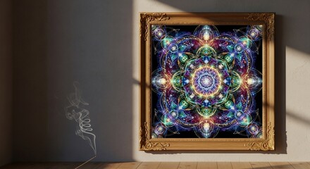 Intricate Psychedelic Mandala Art in Ornate Frame with Wisps of Incense Smoke