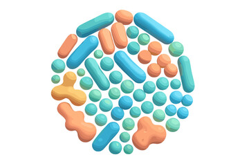 3D render microbiome concept. Probiotics, prebiotics elements. Bifidobacterium, lactobacillus, streptococcus. Gut flora bacteria vector illustration. Healthy digestion science background.