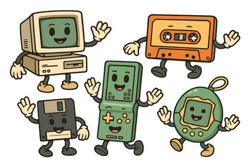 Retro 90s sticker pack. Set of vintage mascots. Old fashioned characters: computer, cassette tape, floppy disk, handheld game console and virtual pet. Nostalgia for 1990s.