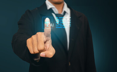 Businessman pressing AI profile icon on futuristic interface. Ideal for digital assistant, customer service, and automation.