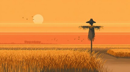 Stylized sunset over rice fields with scarecrow and flying birds in warm orange tones
