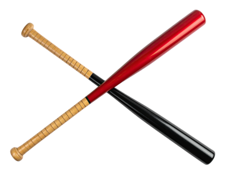 Crossed baseball bats, one red and black, the other light wood