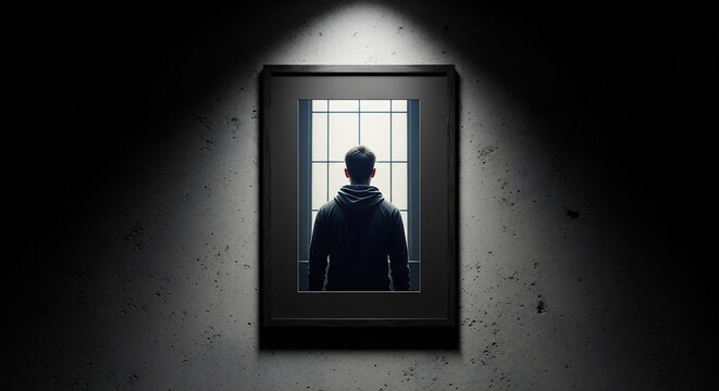 Man in Hoodie Standing in Front of Window with Grids, Looking Outward