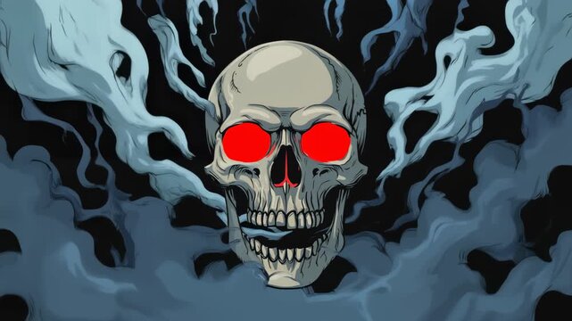 Dark skull with smoke and glowing red eyes vector illustration symbolizing danger and horror