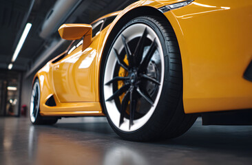 close-up of the yellow sports car wheel with a black tire and white rim, parked indoors in a modern showroom, highlighting luxury automotive design with polished metallic detail and sleek performance