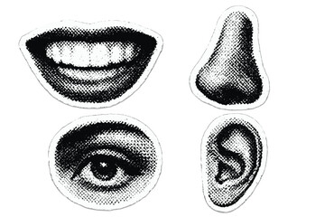 Vector collage kit with face parts. Eye, mouth, nose, ear isolated set. Retro halftone dotted effect. Y2K inspired punk grunge cutout sticker style for vintage design.