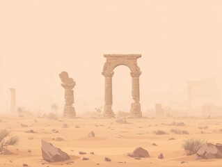Ancient Roman Ruins in Desert Landscape with Sand and Rocks