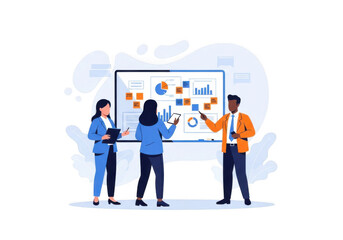 Team presenting data analytics on a whiteboard isolated on transparent background