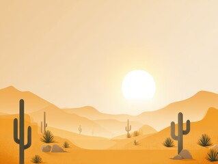 Sunset Over a Desert Landscape with Cacti and Mountain Ranges in Warm Tones