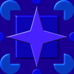 Abstract design with a blue star in the centre, circular elements, and a square frame. Suitable for seamless compositions.