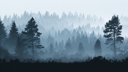 Mystical Forest with Layered Trees and Soft Fog in a Serene Natural Landscape