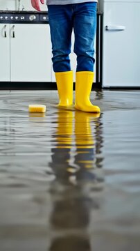 A person in yellow rain boots walks through a flooded kitchen
