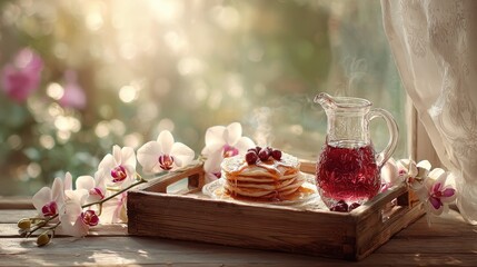 Warm Breakfast Scene With Pancakes And Syrup