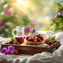 Strawberry Pancakes On Wooden Tray With Floral Background