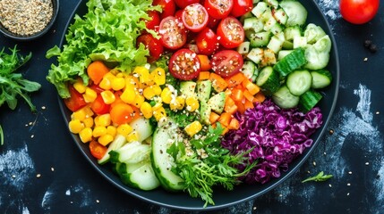 Vibrant Rainbow Salad Bowl: A Colorful Array of Fresh Vegetables and Greens