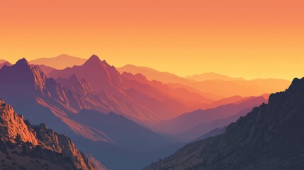 Sunset Over Mountain Range with Pink and Orange Hues in a Digital Illustration