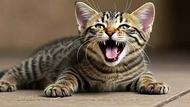Playful kitten growling on a wooden surface outdoors