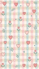 Pastel Gingham with Micro Heart Pattern. Seamless gingham check pattern in pastel colors with micro heart motifs alternating in squares.