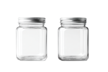 Two empty glass mason jars with silver lids, isolated on transparent background