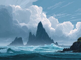 Dramatic sea landscape with jagged rocky peaks towering over turbulent ocean waves under a cloudy sky