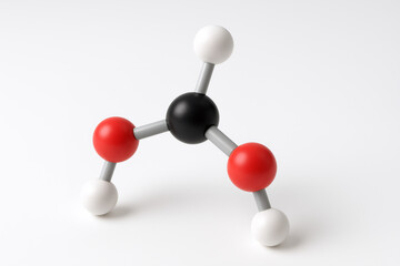Abstract 3D molecular model with interconnected black, red, and white spheres connected by gray sticks on a white background, symbolizing chemistry, science and molecular research