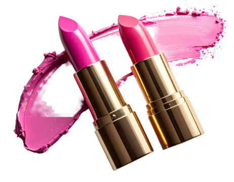 Two pink lipsticks with gold tubes and matching smears on a black background