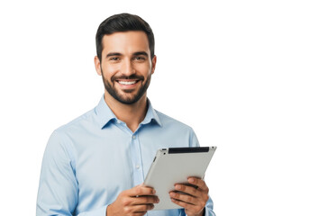 Smiling man holding a tablet computer isolated on transparent background