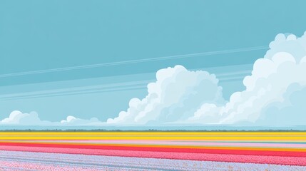 Vast colorful tulip fields under a bright blue sky with white fluffy clouds during spring