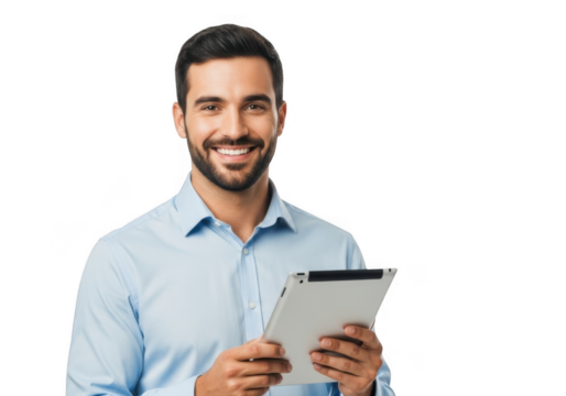 Smiling man holding a tablet computer isolated on transparent background