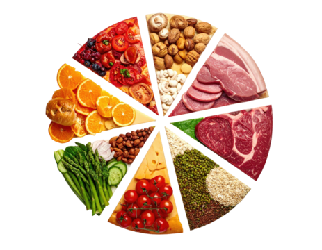 Colorful pie chart segments showing different healthy food groups for balanced nutrition