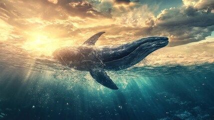 Mystical Encounter: Humpback Whale Swimming Serenely in Ocean Sunbeams