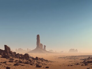 Desert Landscape with Tall Rock Formations and Clear Blue Sky at Sunset