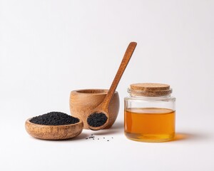 Black Seeds Honey And Wooden Utensils On White Background