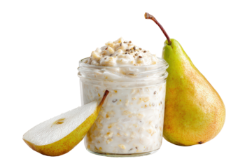 Jar of overnight oats with chopped pear and whole pear beside it, isolated on transparent background