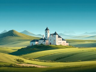 Scenic landscape with a white church on rolling green hills and distant mountains under a clear blue sky